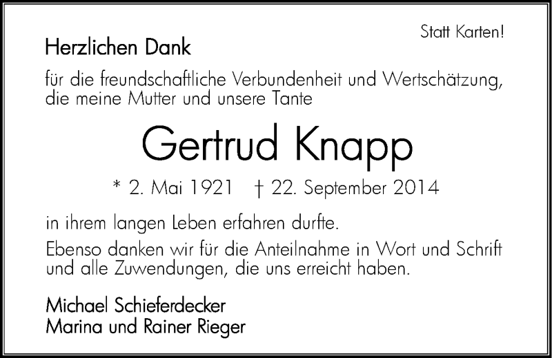  Traueranzeige für Gertrud Knapp vom 06.10.2014 aus 