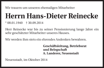 Traueranzeige von Hans Dieter Reinecke 