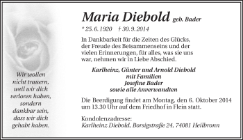 Traueranzeige von Maria Diebold 