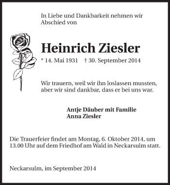 Traueranzeige von Heinrich Ziesler 