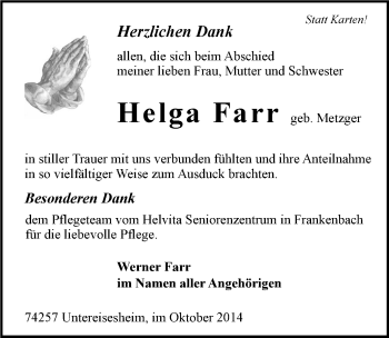 Traueranzeige von Helga Farr 