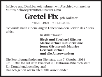 Traueranzeige von Gretel Fix 