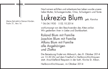 Traueranzeige von Lukrezia Blum 