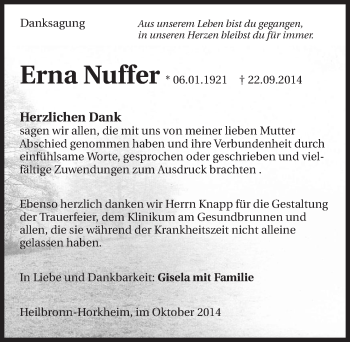 Traueranzeige von Erna Nuffer 