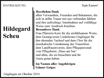Traueranzeige von Hildegard Scheu 
