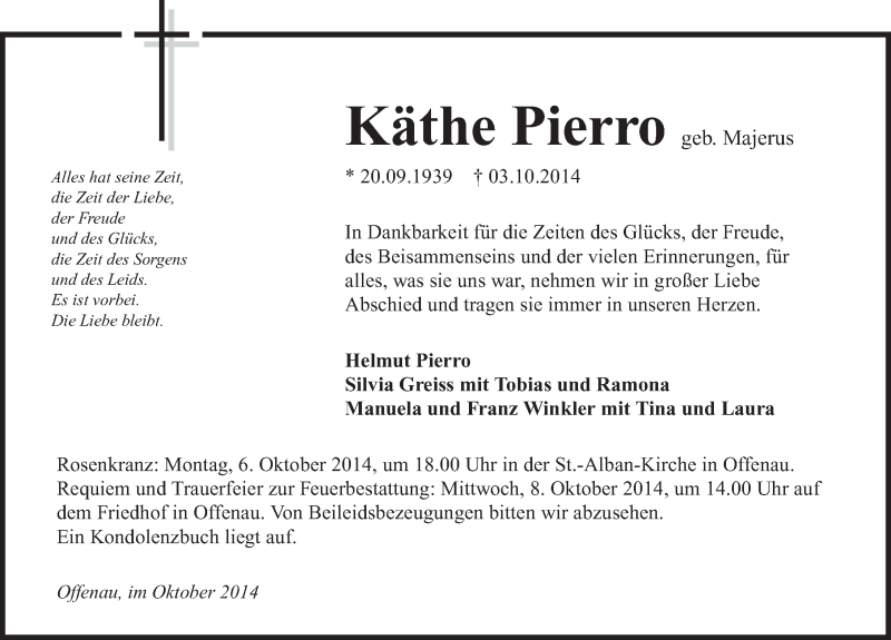  Traueranzeige für Käthe Pierro vom 06.10.2014 aus 