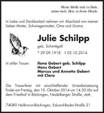 Traueranzeige von Julie Schilpp 