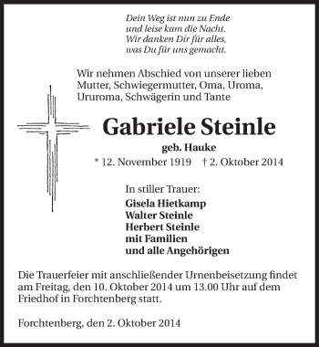 Traueranzeige von Gabriele Steinle 