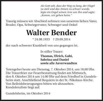 Traueranzeige von Walter Bender 