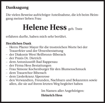 Traueranzeige von Helene Hess 