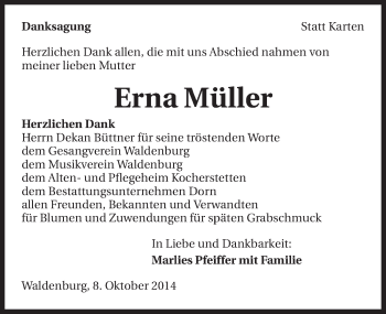 Traueranzeige von Erna Müller 