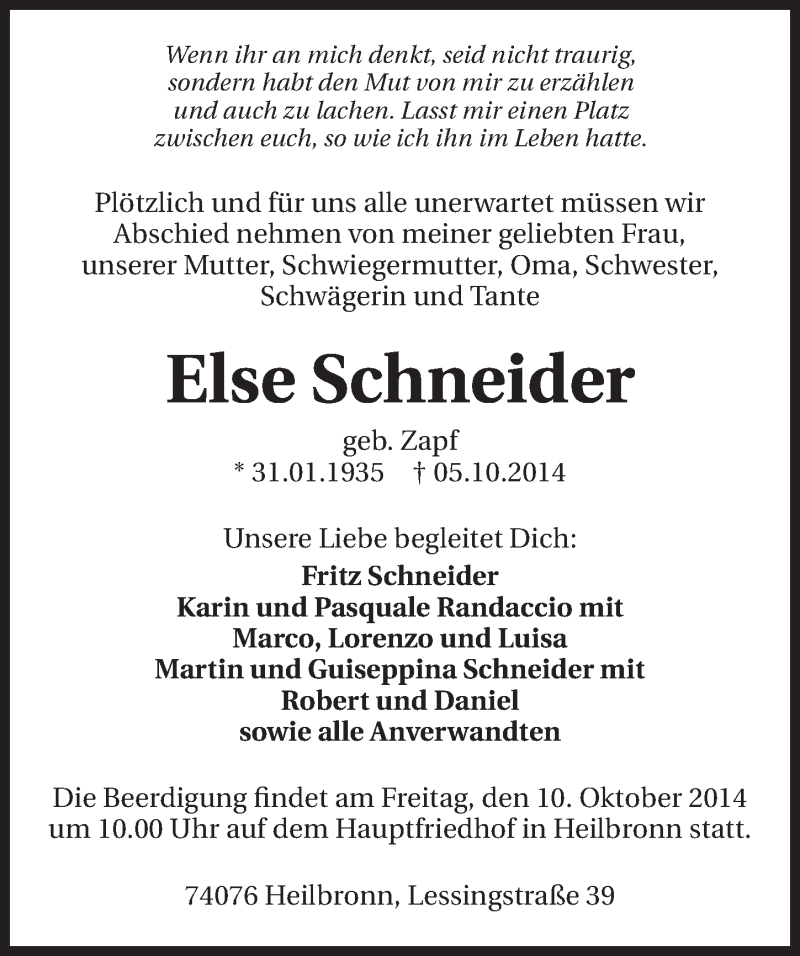  Traueranzeige für Else Schneider vom 07.10.2014 aus 