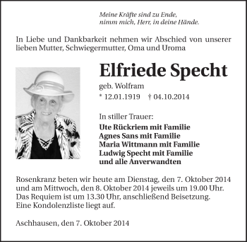 Traueranzeige von Elfriede Specht 