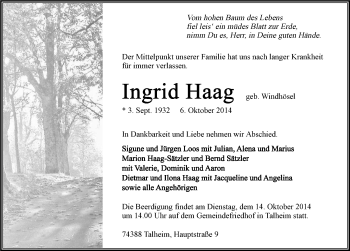 Traueranzeige von Ingrid Haag 