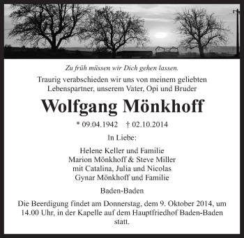 Traueranzeige von Wolfgang Mönkhoff 