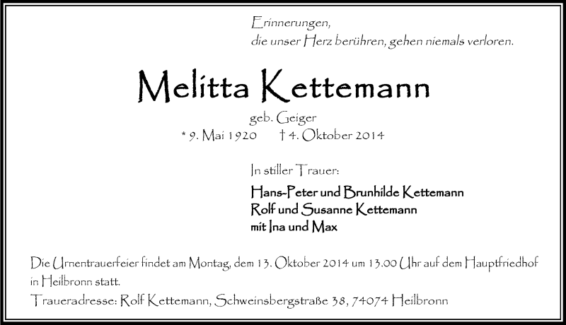  Traueranzeige für Melitta Kettemann vom 09.10.2014 aus 