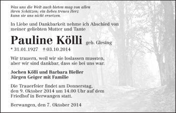 Traueranzeige von Pauline Kölli 