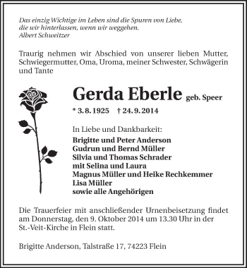 Traueranzeige von Gerda Eberle 