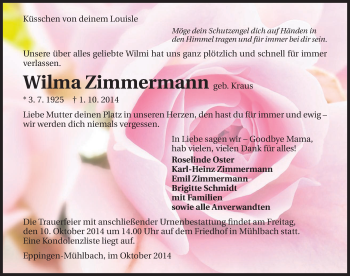 Traueranzeige von Wilma Zimmermann 