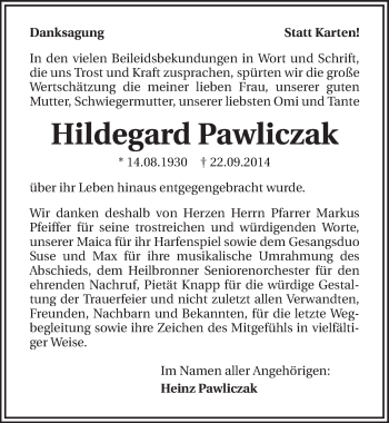 Traueranzeige von Hildegard Pawliczak 