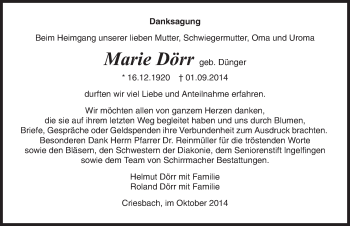 Traueranzeige von Marie Dörr 