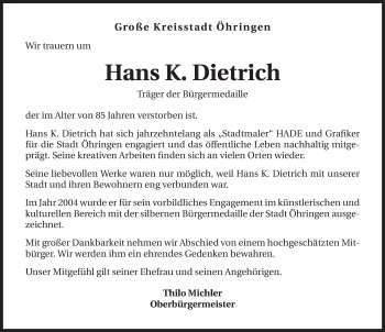 Traueranzeige von Hans Dietrich 