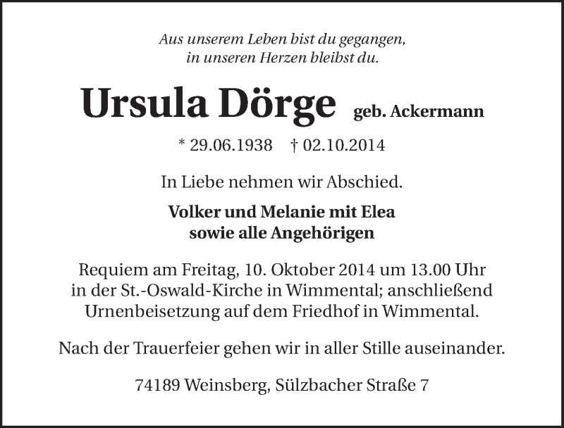 Traueranzeige für Ursula Dörge vom 08.10.2014 aus 