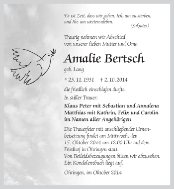 Traueranzeige von Amalie Bertsch 