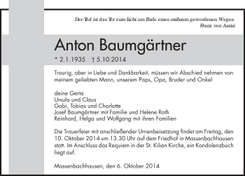 Traueranzeige von Anton Baumgärtner 