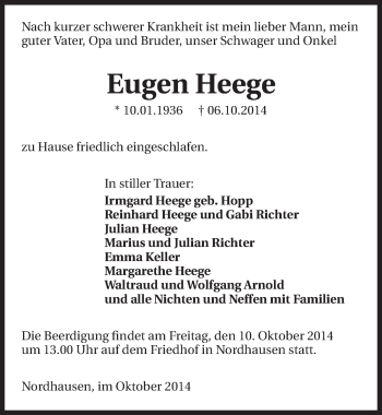 Traueranzeige von Eugen Heege 