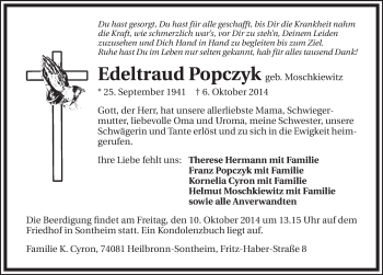 Traueranzeige von Edeltraud Popczyk 