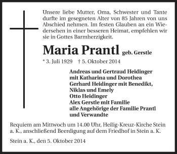 Traueranzeige von Maria Prantl 