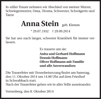 Traueranzeige von Anna Stein 