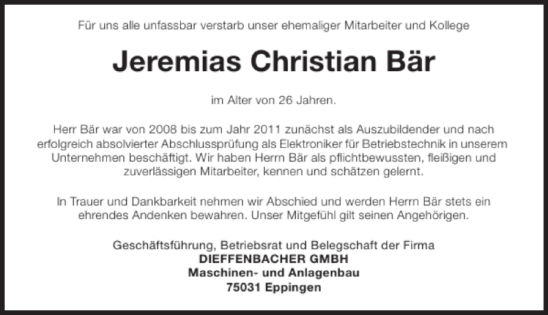  Traueranzeige für Jeremias Christian Bär vom 13.07.2012 aus 
