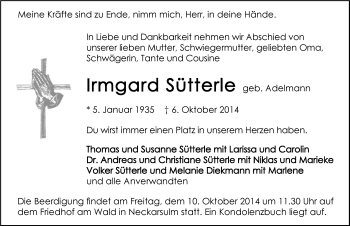 Traueranzeige von Irmgard Sütterle 