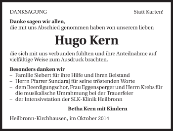 Traueranzeige von Hugo Kern 