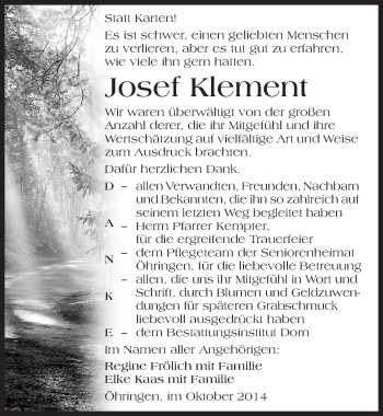 Traueranzeige von Josef Klement 