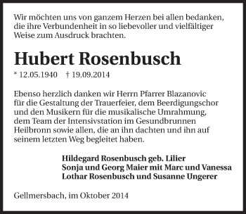 Traueranzeige von Hubert Rosenbusch 