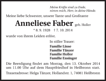 Traueranzeige von Anneliese Faber 