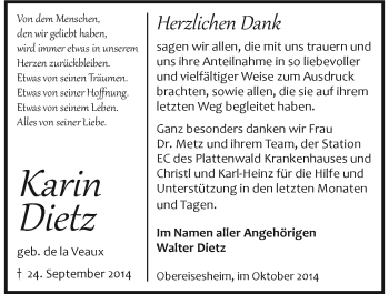 Traueranzeige von Karin Dietz 