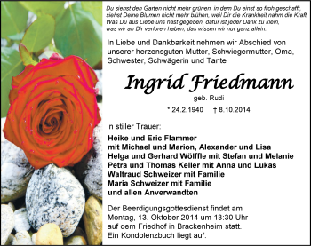 Traueranzeige von Ingrid Friedmann 