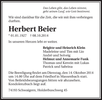 Traueranzeige von Herbert Beier 