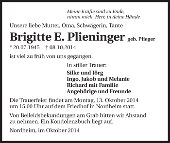Traueranzeige von Brigitte Plieninger 