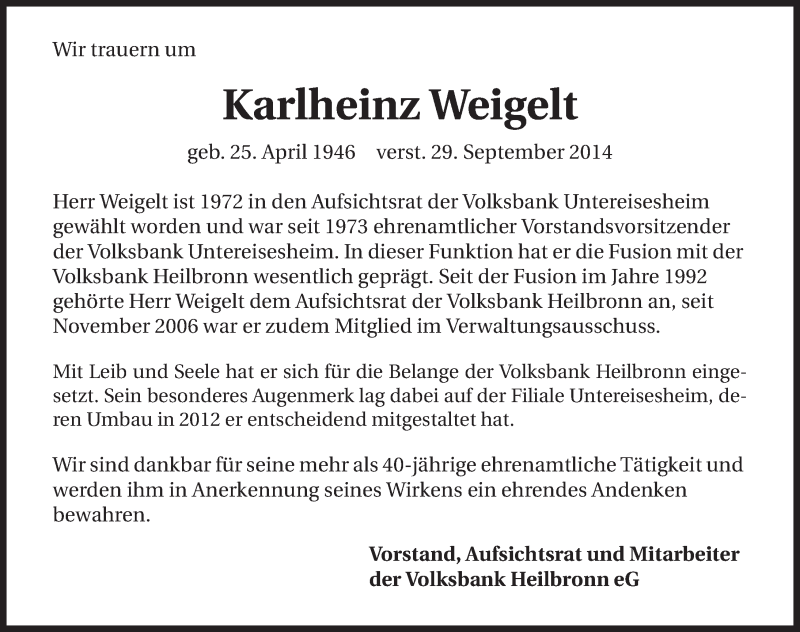  Traueranzeige für Karlheinz Weigelt vom 10.10.2014 aus 