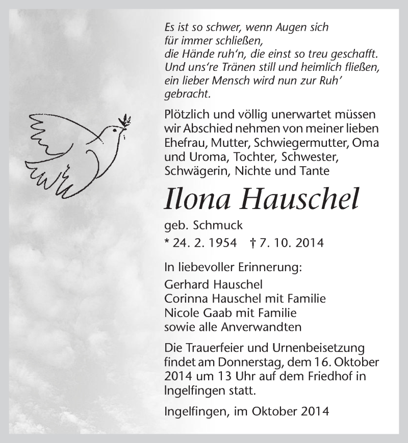  Traueranzeige für Ilona Hauschel vom 13.10.2014 aus 
