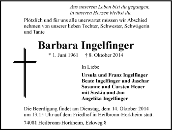 Traueranzeige von Barbara Ingelfinger 