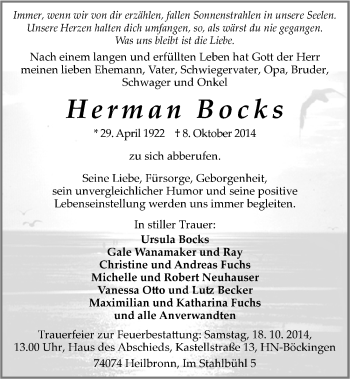 Traueranzeige von Hermann Bocks 