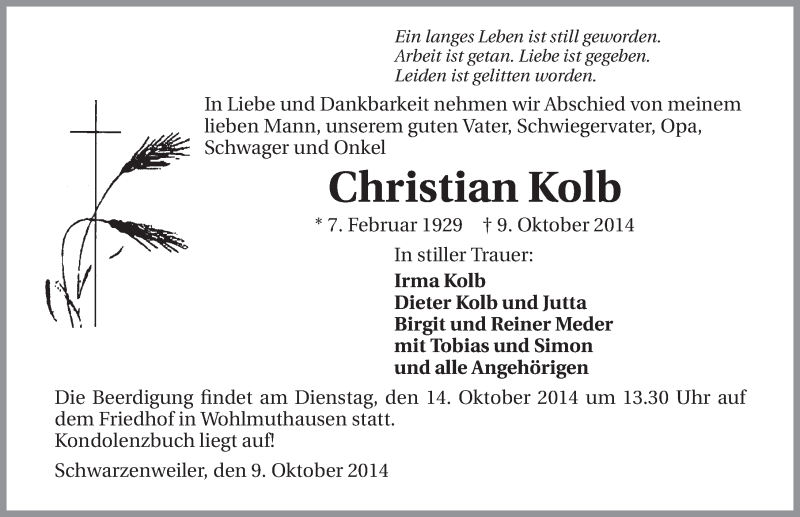  Traueranzeige für Christian Kolb vom 11.10.2014 aus 