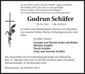 Traueranzeige von Gudrun Schäfer 
