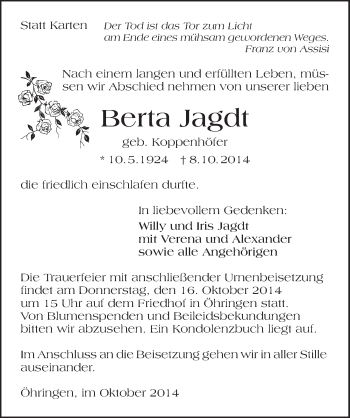 Traueranzeige von Berta Jagdt 